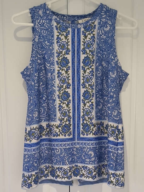 Chaus Tops - Chaus Blue and White Floral Border Sleeveless Top